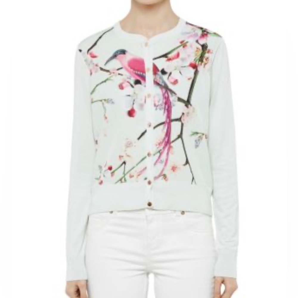 Ted Baker Henah Printed Cardigan Floral Bird Print Cardigan Size 0
